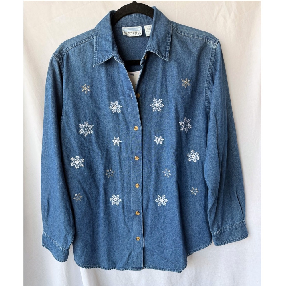 Vintage Casey & Max Denim Grandma Cottagecore Winter Festive  Embroidered Small